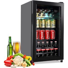 Beverage Refrigerator Cooler - 120 Can Freestanding Beverage Cooler with Glass Door - Small Drink Dispenser Machine for Office or Bar with Adjustable Removable Shelves