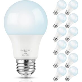 A19 LED Light Bulb Dimmable, 60 Watt Equivalent LED Bulbs, Daylight White 5000K, 900 Lumen, E26 Base, 9W Bright White Light Bulb, 12-Pack