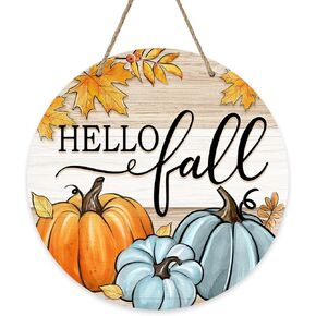 Hello Fall Teal Pumpkin Patch Front Door Sign, Autumn Maple Leaves Rustic Wood Door Hanger Outdoor Outside Porch Decor, Farmhouse Thanksgiving Wooden Wreath Indoor Wall Hanging Decoration