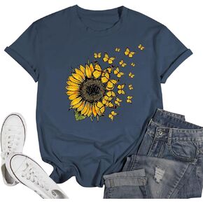 Sunflower Shirts Cute Flower Butterfly Graphic Tees for Women Teen Girls Trendy Floral Casual Loose T Shirts Tops