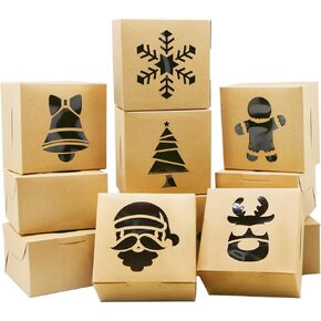 24 Pieces Christmas Cookie Boxes Christmas Bakery Box with Window for Pastries, Cupcakes, Brownies, Cookies,Donuts, Brown Kraft Bakery Boxes 4"x 4"x 2.5"