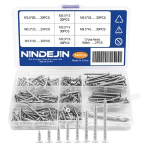 NINDEJIN Flat Head Self Tapping Screws Assortment Kit, 304 Stainless Steel Wood Screws, M3.5 Phillips Drive Self Tapping Screws, 242pcs Self-Tapping Screws Set with 2pcs Phillips Screw Bit (12-40mm)
