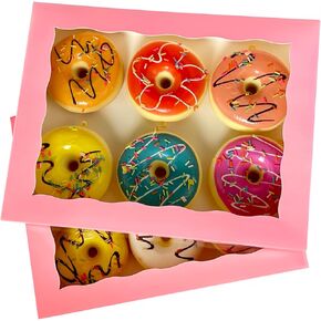 8-PACK Pink Pastry Bakery Box 10x7.5x2.5inch,Large Donuts,Muffins,Cookies Boxes with PVC Window - Auto-Pop up Paper Box Nature Cardboard Take Out Container,Pack of 8