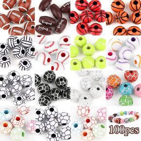 15 Styles Sports Beads Baseball Football Softball Basketball Volleyball Soccer with 1 Roll of Wax Rope and Plastic Box for DIY Jewelry Bracelets Necklaces Making（100PCS）