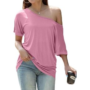 قمصان Othyroce مكشوفة الكتف للنساء بأكمام قصيرة وقميص بكتف واحد وأكمام تشبه جناح الخفاش، بلوزة وبلوزة in Kuwait