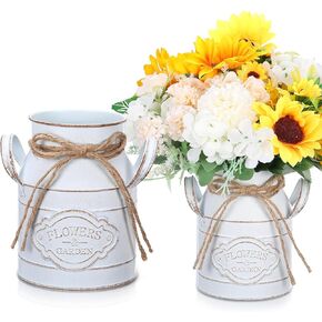6 Inch Milk Can Vase Farmhouse Metal Vintage Flower Jug Vase Galvanized with Handle Country Flower Pitcher Rustic for Kitchen Cabinets Bedroom Decoration, House Warming Gifts(Retro White, 4 Pcs)