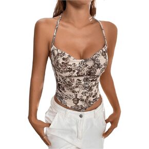 SOLY HUX Women's Floral Angle Print Bandana Y2K Crop Tops Cowl Neck Sleeveless Halter Cami Tops