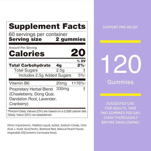 Nature's Key PMS Relief Gummies, Hormone Support for Women-with VB6 Chasteberry, Dong Quai, Dandelion Root Extract (120 Count, Pack of 1) in Kuwait