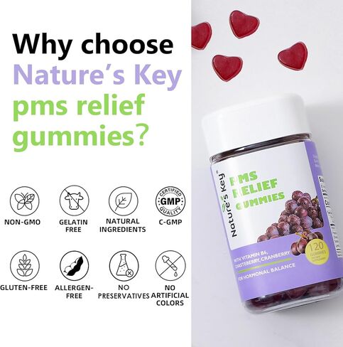 Nature's Key PMS Relief Gummies, Hormone Support for Women-with VB6 Chasteberry, Dong Quai, Dandelion Root Extract (120 Count, Pack of 1) in Kuwait
