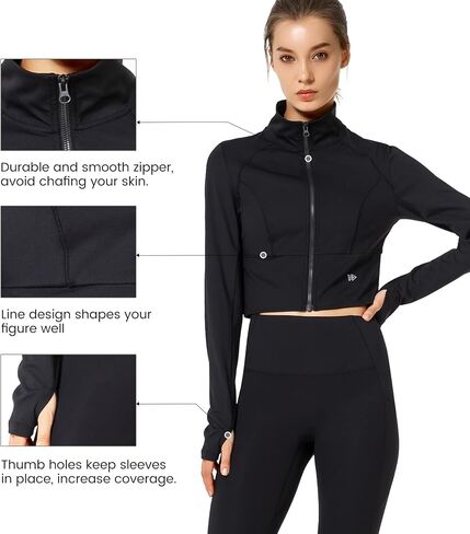 Yvette Women's Full Zip Athletic Jackets Lightweight Running Workout Jacket with Thumb Holes Sports Crop Top in Saudi Arabia