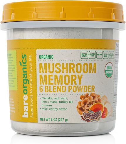 BareOrganics Mushroom Memory 6 Blend Powder, Non-GMO & Gluten-free, Maitake, Red Reishi, Lion's Mane, Turkey Tail & More, 8 oz in Saudi Arabia