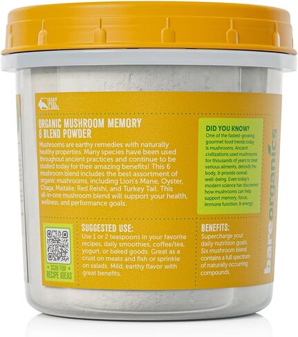 BareOrganics Mushroom Memory 6 Blend Powder, Non-GMO & Gluten-free, Maitake, Red Reishi, Lion's Mane, Turkey Tail & More, 8 oz in Saudi Arabia