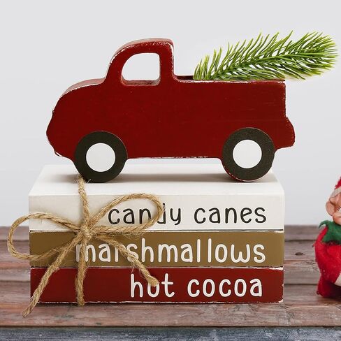 ديكور عيد الميلاد الكرز الشرقي - زينة عيد الميلاد في الأماكن المغلقة - حزمة 3 كتب صناعية مع خيوط وشاحنة حمراء مع تي/شجرة صغيرة - ديكور صينية ذات طبقات ريفية لرف طاولة غرفة المنزل in Kuwait