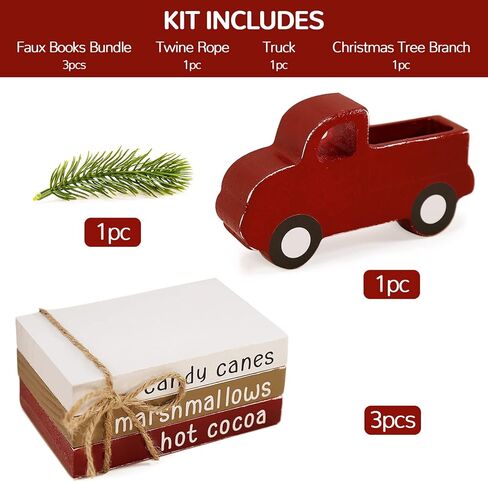 ديكور عيد الميلاد الكرز الشرقي - زينة عيد الميلاد في الأماكن المغلقة - حزمة 3 كتب صناعية مع خيوط وشاحنة حمراء مع تي/شجرة صغيرة - ديكور صينية ذات طبقات ريفية لرف طاولة غرفة المنزل in Kuwait