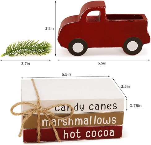 ديكور عيد الميلاد الكرز الشرقي - زينة عيد الميلاد في الأماكن المغلقة - حزمة 3 كتب صناعية مع خيوط وشاحنة حمراء مع تي/شجرة صغيرة - ديكور صينية ذات طبقات ريفية لرف طاولة غرفة المنزل in Kuwait