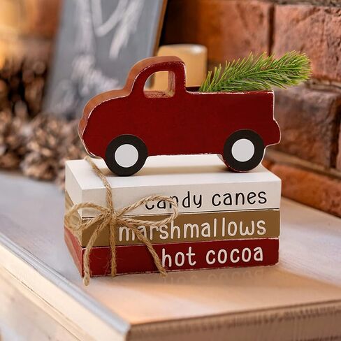 ديكور عيد الميلاد الكرز الشرقي - زينة عيد الميلاد في الأماكن المغلقة - حزمة 3 كتب صناعية مع خيوط وشاحنة حمراء مع تي/شجرة صغيرة - ديكور صينية ذات طبقات ريفية لرف طاولة غرفة المنزل in Kuwait