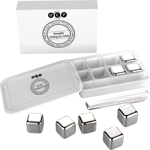 Whiskey Stones Stainless Steel Ice Cubes - Urban Choice Products Reusable Whisky Chilling Rocks Metal Ice - Set of 8 with Tongs and Freezer Storage Tray for Beer Wine Cooler in Saudi Arabia