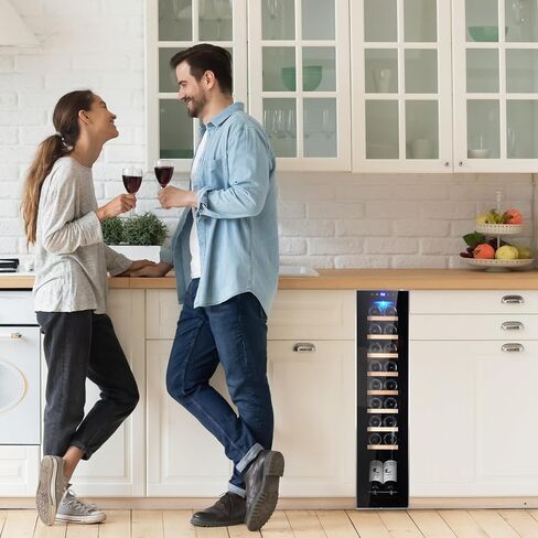 مبرد نبيذ بضاغط 18 زجاجة من Towallmark، قبو نبيذ مع تحكم في درجة الحرارة قابل للتعديل، ثلاجة مشروبات قائمة بذاتها للأحمر والأبيض والشمبانيا والبيرة والصودا in Saudi Arabia