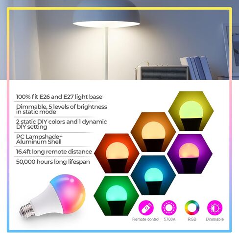 Dimmable E26 Warm LED Light Bulb, 6W RGBW Color 500LM with 16 Color Changing Modes for Christmas, Party etc with Remote Control 2 Pack in Saudi Arabia