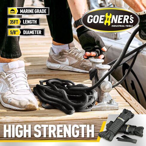 حبل قارب من خطوط الرصيف مقاس 5/8 بوصة × 35 بوصة (عبوتان) - حبل رسو بحري مجدول مزدوج مع فتحة مقسمة مقاس 12 بوصة، تمدد منخفض وامتصاص عالي للصدمات، خطوط رصيف القوارب للقوارب وأوعية المياه in Kuwait