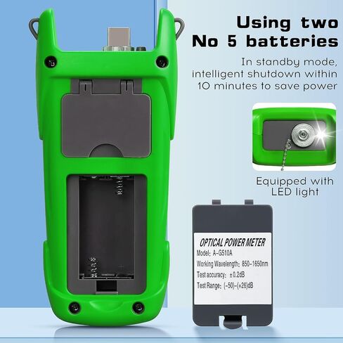 مقياس طاقة الألياف الضوئية A-G510A باللون الأخضر -50~+26 ديسيبل OPM 2 في 1 وظيفة مع إضاءة LED جهاز اختبار الألياف الضوئية مع واجهة SC/FC/ST ومحول FC-LC 10 أطوال موجية in Kuwait