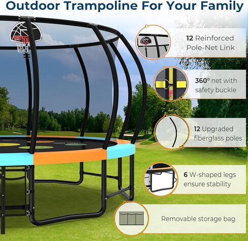 16FT Colorful Trampoline for Kids, Outdoor Recreational Trampolines with Basketball Hoop & Enclosure Net, Curved Poles & Storage Bag, Pumpkin Trampoline Capacity for 6-8 in Kuwait