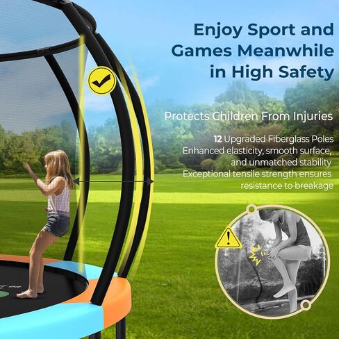 16FT Colorful Trampoline for Kids, Outdoor Recreational Trampolines with Basketball Hoop & Enclosure Net, Curved Poles & Storage Bag, Pumpkin Trampoline Capacity for 6-8 in Kuwait