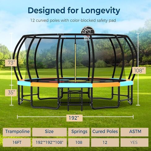 16FT Colorful Trampoline for Kids, Outdoor Recreational Trampolines with Basketball Hoop & Enclosure Net, Curved Poles & Storage Bag, Pumpkin Trampoline Capacity for 6-8 in Kuwait