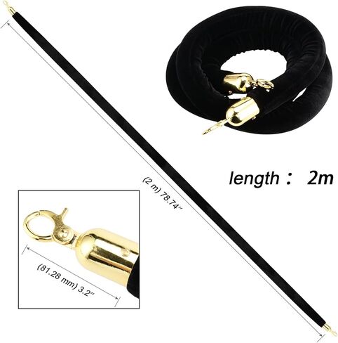 4 قطع حبل مخملي أسود، حبل مخملي بطول 6.5 قدم/2 متر مع خطافات من الفولاذ المقاوم للصدأ، حاجز حبل سميك للتحكم في الحشود بسمك 1.25 بوصة للحفلات والمتاحف وحفلات الزفاف in Kuwait