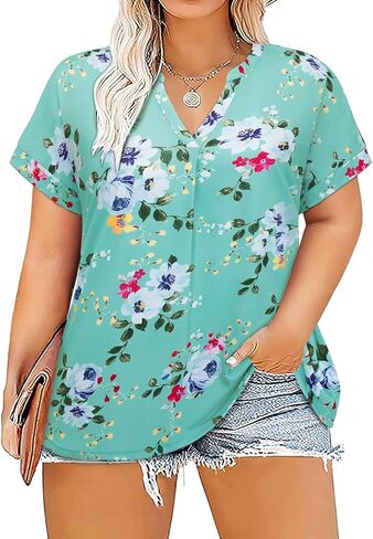 بلوزات نسائية صيفية بمقاسات كبيرة من Bulotus ورقبة على شكل V وأكمام قصيرة كاجوال وفضفاضة مقاس L-4XL in Kuwait