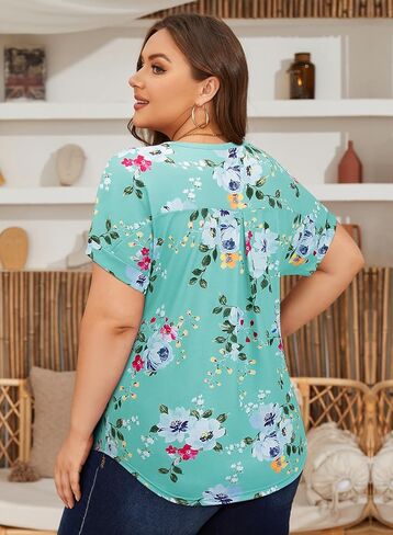 بلوزات نسائية صيفية بمقاسات كبيرة من Bulotus ورقبة على شكل V وأكمام قصيرة كاجوال وفضفاضة مقاس L-4XL in Kuwait