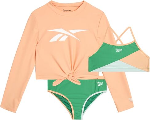 مجموعة Rash Guard للفتيات من ريبوك - 3 قطع قميص سباحة بأكمام طويلة بعامل حماية من الأشعة فوق البنفسجية 50+ مع بدلة سباحة بيكيني - مجموعة ملابس سباحة للفتيات (4-12) in Saudi Arabia