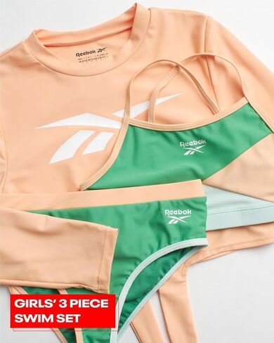 مجموعة Rash Guard للفتيات من ريبوك - 3 قطع قميص سباحة بأكمام طويلة بعامل حماية من الأشعة فوق البنفسجية 50+ مع بدلة سباحة بيكيني - مجموعة ملابس سباحة للفتيات (4-12) in Saudi Arabia