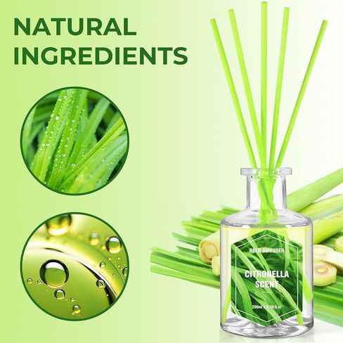 موزع روائح قصب السترونيلا، موزع عطور للحمام، مجموعة ناشرات روائح القصب مع 6 أعواد ناشرة للقصب، ديكورات منزلية، رائحة عشب الليمون 6.76 أونصة سائلة للأم in Kuwait