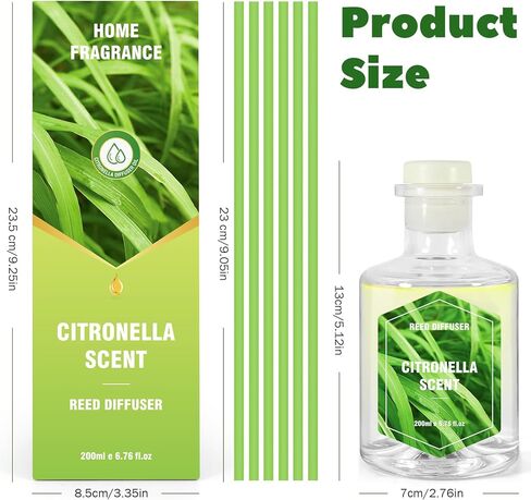 موزع روائح قصب السترونيلا، موزع عطور للحمام، مجموعة ناشرات روائح القصب مع 6 أعواد ناشرة للقصب، ديكورات منزلية، رائحة عشب الليمون 6.76 أونصة سائلة للأم in Kuwait