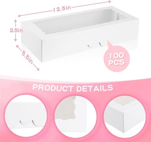 100 قطعة من علب البسكويت من زوبيل مع نافذة مقاس 12.5 سم × 5.5 سم × 2.5 سم، صناديق حلوى من الورق الأبيض لحلويات الفراولة والمعجنات وصناديق خبز البسكويت الصغيرة لعيد الأم in Kuwait