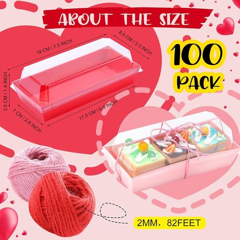 Layhit 100 Sets Charcuterie Boxes with Clear Lids and Rope Mothers Day Rectangle Cookie Boxes Pink Red Disposable Dessert Boxes Containers for Wedding Anniversary Party Favor Cookie Cake Sandwich in Saudi Arabia