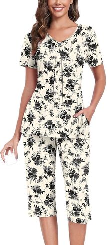 Anyally Women's Pajama Set Short Sleeve Shirt and Capri Pants Sleepwear Pleated Ladies Pjs Sets with Pockets in Saudi Arabia