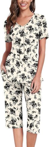 Anyally Women's Pajama Set Short Sleeve Shirt and Capri Pants Sleepwear Pleated Ladies Pjs Sets with Pockets in Saudi Arabia