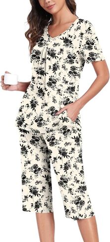 Anyally Women's Pajama Set Short Sleeve Shirt and Capri Pants Sleepwear Pleated Ladies Pjs Sets with Pockets in Saudi Arabia
