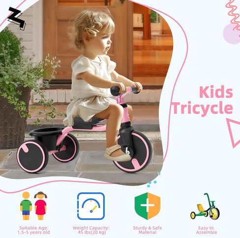 XJD Kids Tricycles for 1 to 3 Years Old, Toddler Tricycle Kids Trikes Tricycle for 2-3 Year Olds, Toddler Bike with PU Wheels, Adjustable Seat, Storage Basket, present Toys for Boy & Girl (Pink) in Saudi Arabia