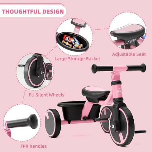 XJD Kids Tricycles for 1 to 3 Years Old, Toddler Tricycle Kids Trikes Tricycle for 2-3 Year Olds, Toddler Bike with PU Wheels, Adjustable Seat, Storage Basket, present Toys for Boy & Girl (Pink) in Saudi Arabia