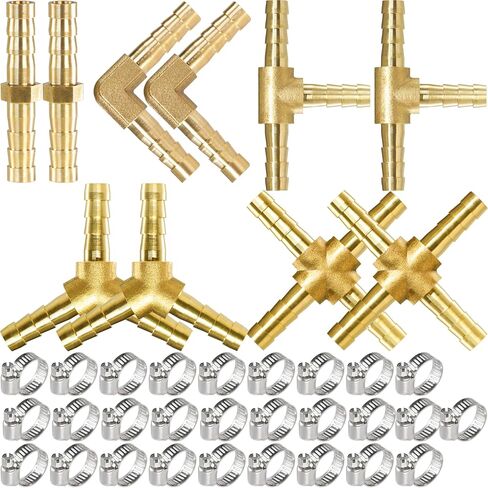 Brass Hose Barb Fittings 1/4" Set 10 Pcs, Straight 2-Way, L Right Angle Elbow, Y-Shape, Tee-Shape, 4-Way Hose Barb 2 of each with Stainless Steel Pipe Clamps for Pipe line Fuel Air Oil in Saudi Arabia