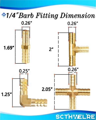 Brass Hose Barb Fittings 1/4" Set 10 Pcs, Straight 2-Way, L Right Angle Elbow, Y-Shape, Tee-Shape, 4-Way Hose Barb 2 of each with Stainless Steel Pipe Clamps for Pipe line Fuel Air Oil in Saudi Arabia