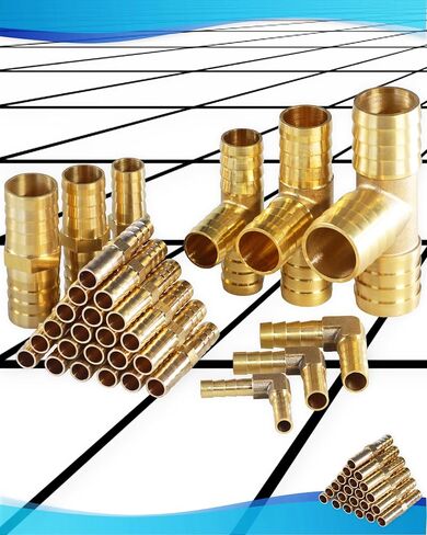 Brass Hose Barb Fittings 1/4" Set 10 Pcs, Straight 2-Way, L Right Angle Elbow, Y-Shape, Tee-Shape, 4-Way Hose Barb 2 of each with Stainless Steel Pipe Clamps for Pipe line Fuel Air Oil in Saudi Arabia