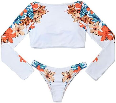 Women Long Sleeve Crop Top Two Piece Bikini Swimsuit Sets Floral Rash Guard Bathing Suit in Kuwait