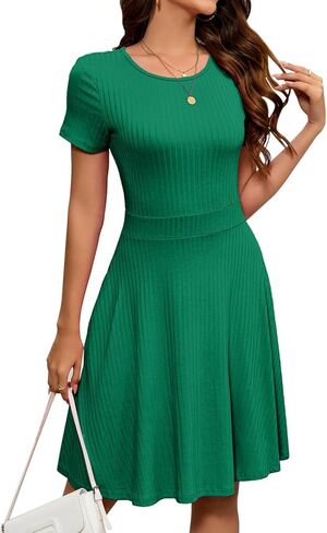 Newshows Womens 2024 Summer Dresses Short Sleeve Beach Vacation Outfits A-Line Swing Ribbed Knit Casual Sundress with Pockets in Saudi Arabia