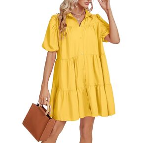 LYANER Women's Callor Button Down Puff Short Sleeve Ruffle Hem Loose Babydoll Mini Dress
