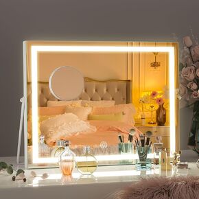 Hasipu Vanity Mirror with Lights, 14" x 11" LED Makeup Mirror, 3 Modes Light,Smart Touch Control Dimmable, 360°Rotation, Modern Square White Frame, with 5X magnifying glass