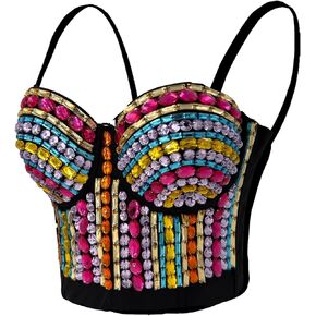 ELLACCI Women's Colorful Rhinestone Diamond Bustier Crop Top Party Club Corset Top Black